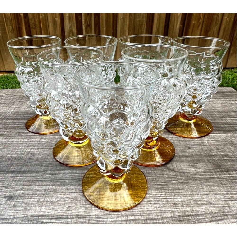 Abigails Portugal Rare Blown Amber Base Grape Iced Tea Footed Goblets-Set of 7
